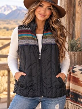 Great Northwest Indigo Quilted Vest Black Southwestern Woven Boho Full Zip